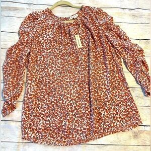 Max Studio Floral Blouse Ruched Sleeves, Keyhole Back. Size XL NWT